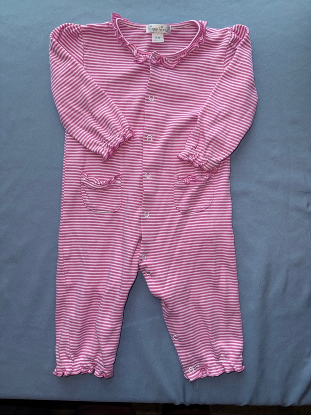 Kissy Kissy Pink & White Stripe Ruffle-Trim Footed One-Piece